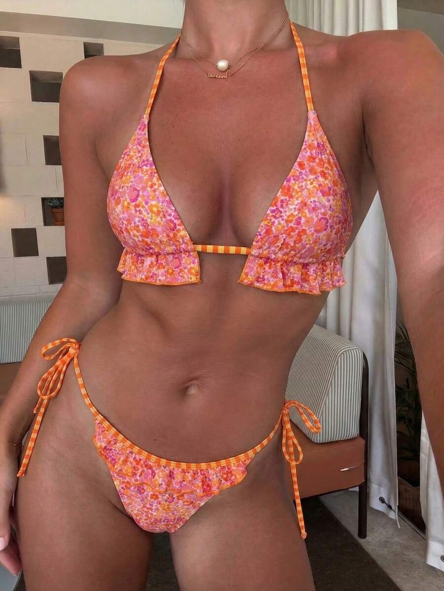 性感碎花休闲海滩度假露背吊带装 - 彩色 - 查看 1