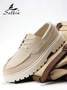 Salkin 極簡設計男士德比鞋 繫帶軟仿麂皮皮革鞋 時尚平價奢華 適合現代生活 學院風學生鞋 舒適圓頭樂福鞋 男士優雅紳士運動鞋 商務通勤鞋 純色鞋面 防滑耐磨 加厚增高鞋底 日常休閒鞋 男士情侶約會出遊 百搭派對宴會度假禮物 齋月 春夏秋季 - 米色 - 查看 2