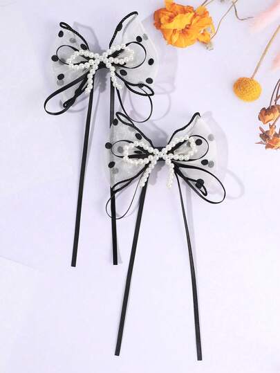 1 Pair Women Black Fabric Polka Dot Bow Pearl Decor, New DIY Suitable For Clothing & Headpiece Accessories