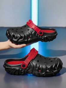 Men's Summer Breathable Color Block Hollow Casual Slip-On Sandals, Solid Color EVA (Ethylene-Vinyl Acetate Copolymer) Perforated Hook & Loop Beach Vacation Outdoor Slippers - Black - View 6