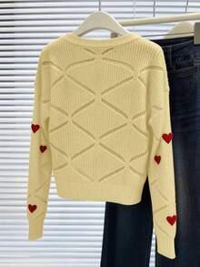 Áo len dài tay cổ chữ V họa tiết trái tim ngày Valentine dành cho nữ - vàng nhạt - Xem 4