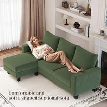 L-Shaped Convertible Sectional Sofa 3 Seater With Corduroy Fabric, Complete With Mobile Footrest, For Living Room, Apartment And Office - 綠色 - 查看 7
