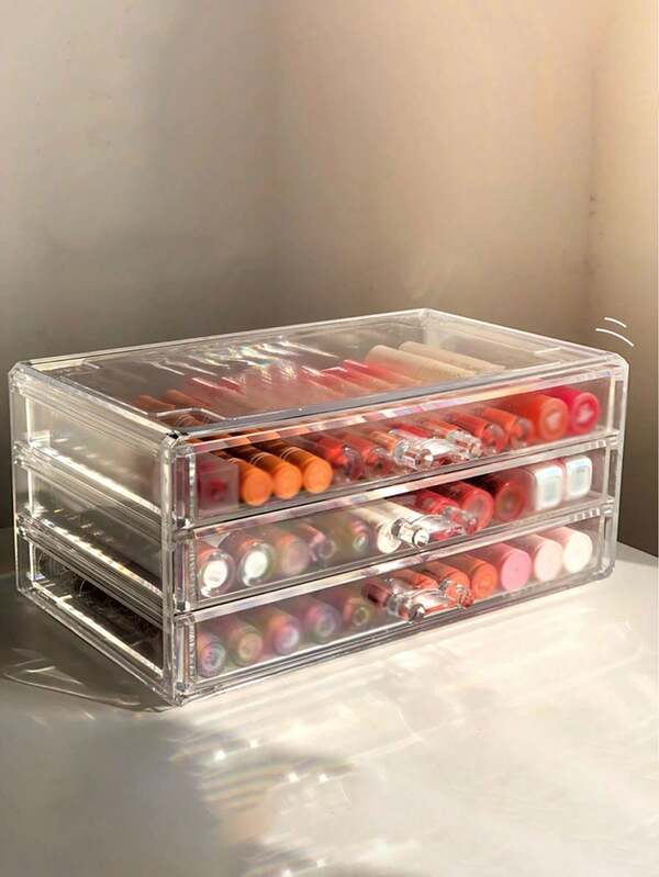 1pc Transparent Plastic Makeup Storage Box, Suitable For Bedroom, Study, Living Room, Lipstick, Foundation, Essential Oils, Creams, Cleansing Oil, Portable Makeup Organizer, Dust-Proof, Moisture-Proof, Jewelry Storage Box, Large Capacity, Ins Style
