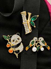 3件套时尚可爱水晶竹子、柿子、熊猫和珍珠鸟胸针套装，适合装饰背包、牛仔外套、节日系列，百搭别针 - 彩色 - 查看 1