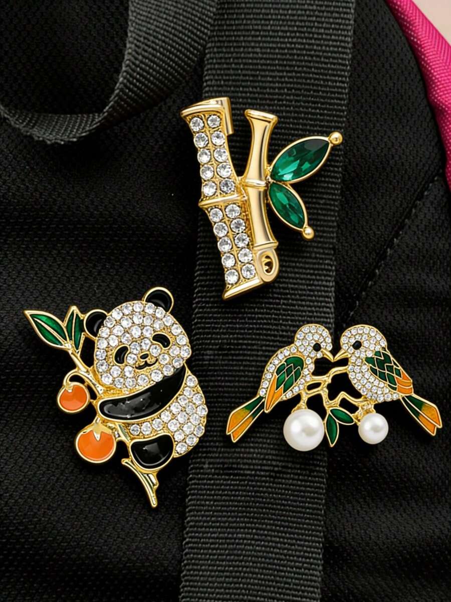 3件套时尚可爱水晶竹子、柿子、熊猫和珍珠鸟胸针套装，适合装饰背包、牛仔外套、节日系列，百搭别针 - 彩色 - 查看 1