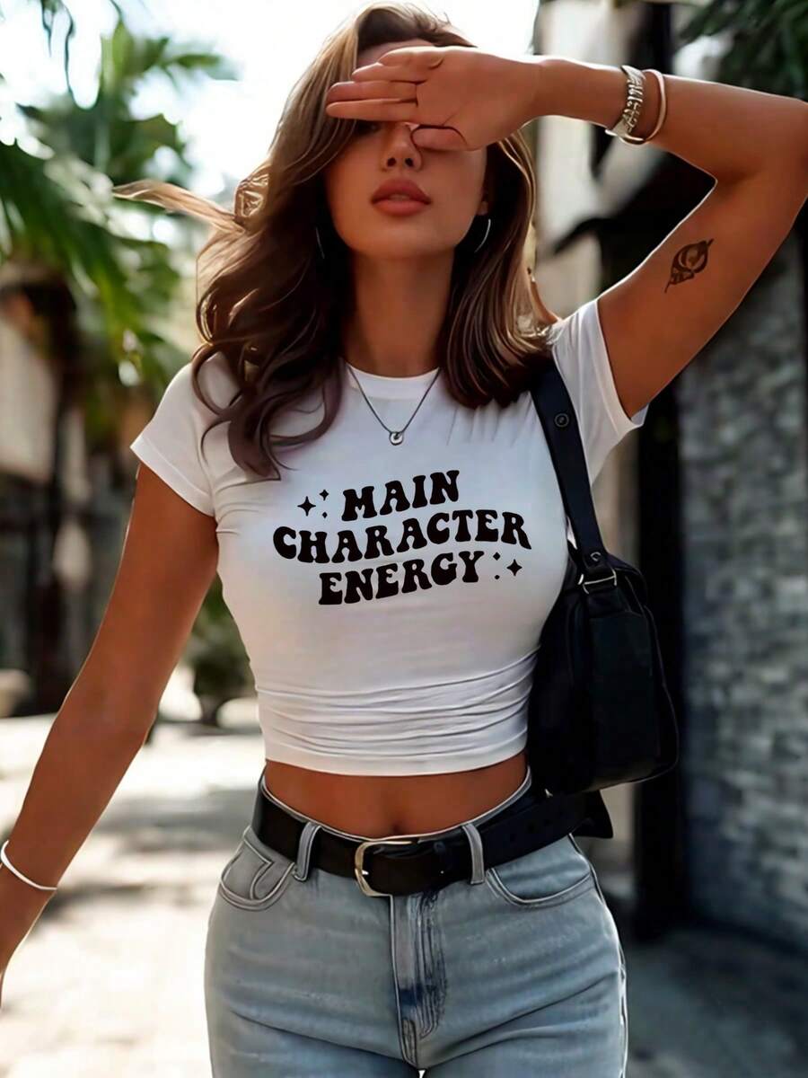 Blusa corta de manga corta con estampado de letras para mujer en verano - Blanco - Ver 1