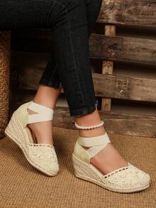 Women's Criss-Cross Elastic Mesh Floral Velvet Linen Rope Casual Wedge Shoes - Beige - View 5