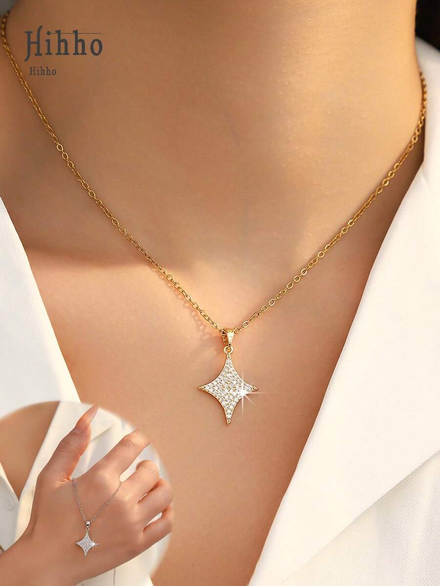 Hihho 1pc Sparkling Full Rhinestone Four-Pointed Star Pendant, Niche Elegant Clavicle Chain Accessory, Available In Gold And Silver Colors - Four-pointed Star - View 1