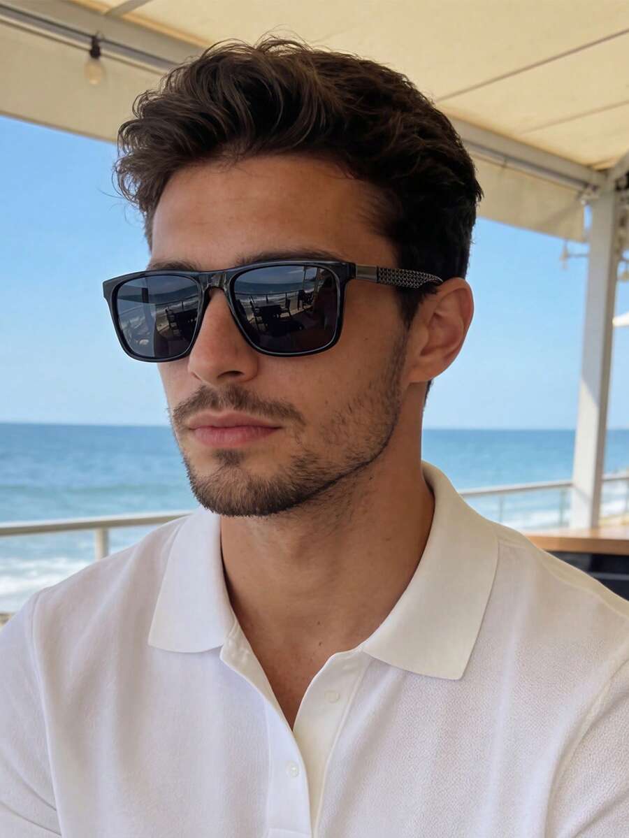 Unisex Retro Rectangular Plastic Black Sunglasses, Classic Style For Outdoor Travel Beach Vacation Casual Wear, Driving UV Protection - Black - View 1