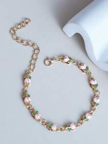1 pièce Nouveau bracelet en alliage à double couche avec rose et tulipe en émail dans le style Ins pour femmes, bijou fait main avec chaîne en forme de cœur multicolore DIY - tulipe - View 9