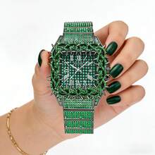 1pc Men's Quartz Watch, New Fully Iced-Out Rhinestone Strap, Hip Hop Large Dial Design, Mesh Inlaid Zirconia Dial, Party Watch, Gift For Men - 均碼 - 查看 6
