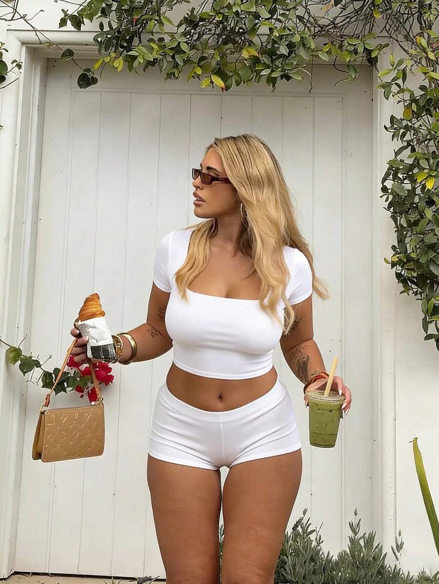 Summer Cropped Fitted Double-Layer Yoga Fabric Square Neck Top - White - View 1