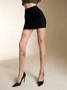 1双裸色透明丝袜，莲花印花，性感花卉图案，日常穿着 - 彩色 - 查看 3