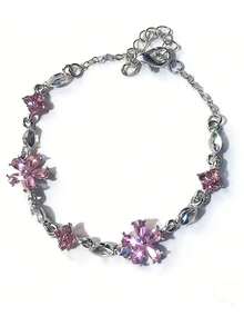 1pc Sweet & Fashionable Pink Sakura Rhinestone Bracelet, Suitable For Women's Daily, Festival, And Party Wear - Multicolor - View 3