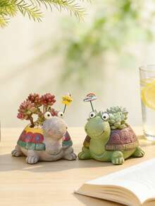 Cute Turtle Resin Planter Pot , Adorable Animal Shaped Succulent Pot With Rainbow & Star Inserts, Creative Home Decor For Living Room, Windowsill, Office Desk & Balcony, Ideal Gift For Plant Lovers, Kids & Housewarming, Perfect For Small Succulents, Herbs & Cacti - B - View 2