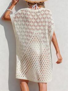 Women's Semi-Sheer V-Neck Sleeveless Knit Cover Up, Regular Length, Beach Wear - Apricot - View 3