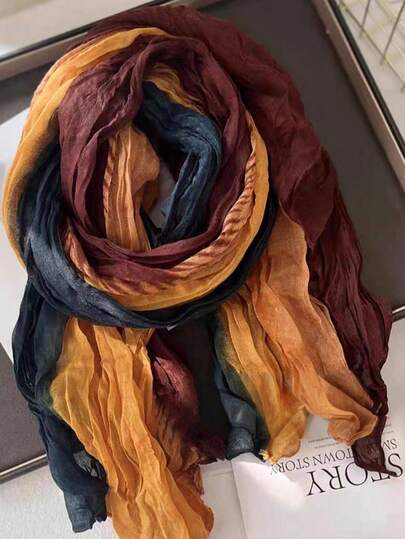 1 chiếc khăn choàng cổ bằng vải lanh màu xanh gradient mới, khăn choàng dài xếp ly in họa tiết cổ điển đa năng dành cho nữ, thích hợp cho mùa Thu/Đông.