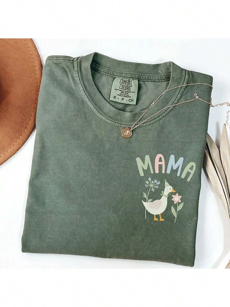 Summer Tops Made Of Washed Cotton, "Mother Goose" Print T-Shirt, High-Quality Batik Cotton Vintage Fashion Brand T-Shirt, Women's T-Shirt, Beach Essential, Summer T-Shirt, Holiday Gift, Father's Day Gift. Loose And Comfortable Spring Tops Tops For Women Ropa  Colorful Tops  Ropa De Verano Mujer    Maija Cotton - 軍綠色 - 查看 1