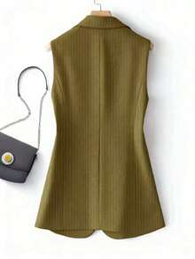 Women's Striped Patchwork Single-Button Regular Blazer Vest, Solid Color Pocket Button Office Wear Spring - Army Green - View 2