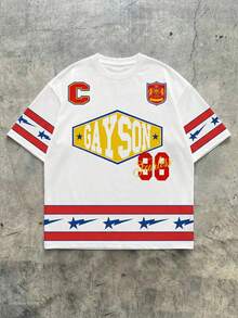 男士圆领T恤，运动街头风学院风图案T恤 - 白色 - 查看 3