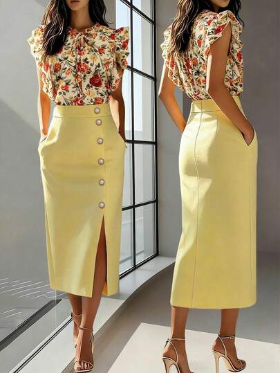 Women's Spring New High-End French Floral 2-Piece Set, High Waist Slimming Yellow Split Hem Skirt, Suitable For Casual, Office, And Commuting Wear Vacation Summer