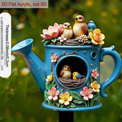 2D Flat Acrylic Ground Stake, 1pc, With Decorative Pointed Base, Water Can Printed With Bird And Floral Pattern, Suitable For Outdoor Garden Decor, Ideal For Flower Pot Decoration, 2D Flat Model