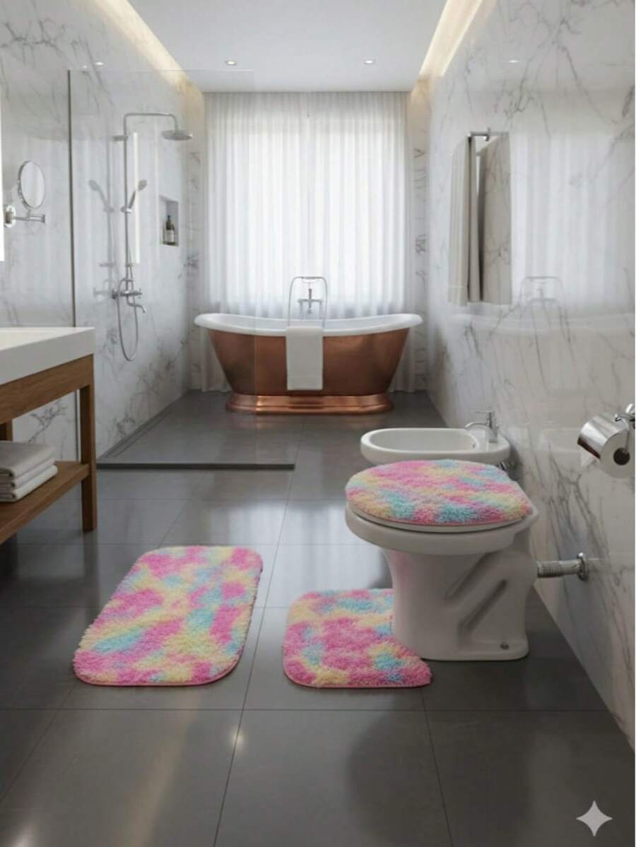 Fluffy 3-Piece Bathroom Set - Pink - View 1