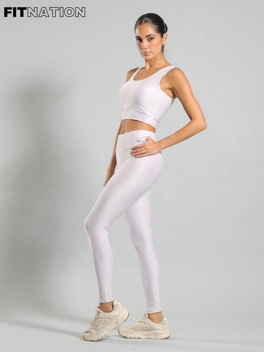 FITNATION Leggings Set With Waistband Pocket + Longline Cropped Top In Micro-Ribbed Fabric With SHINE And HIGH Elasticity And Support. - Lilac Purple - View 1