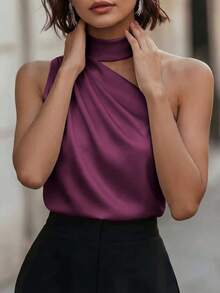 1 pieza Blusa elegante sin mangas de satén de unicolor con volantes asimétricos/irregulares, adecuada para verano, casual, oficina, fiesta y ocasiones formales - Morado - Ver 3
