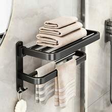 双层浴室毛巾架，可折叠毛巾架带储物架，壁挂式浴室/阳台/洗手间毛巾收纳架 - 黑色 - 查看 8