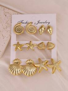 2-12件套女士金色耳环套装，海星、贝壳、扇贝、海螺，适合休闲、海滩、旅行佩戴 - 金色 - 查看 2