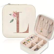 2026 Best-Selling Classic False Leather Jewelry Box With Zipper Closure - Waterproof And Lightweight, Suitable For Travel, Featuring A 26-Letter Floral Design, Detachable Necklace Display Stand And Compartments For Rings And Earrings - Elegant Jewelry Gift For Women, Decorative Lid, Storage Solution, Jewelry Box - L - 查看 12