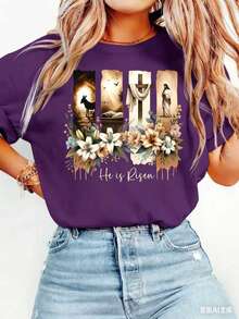 Easter Gift Women's Elegant Style Short Sleeve Easter Religious Theme Printed Pattern Round Neck Women's Comfortable Soft Breathable New Spring Summer - 紫色 - 查看 1