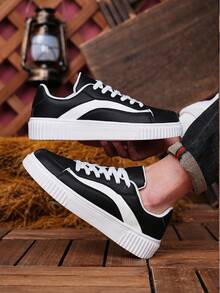 男女通用黑白撞色厚底系带滑板鞋，休闲情侣百搭日常鞋 - 黑色 - 查看 8