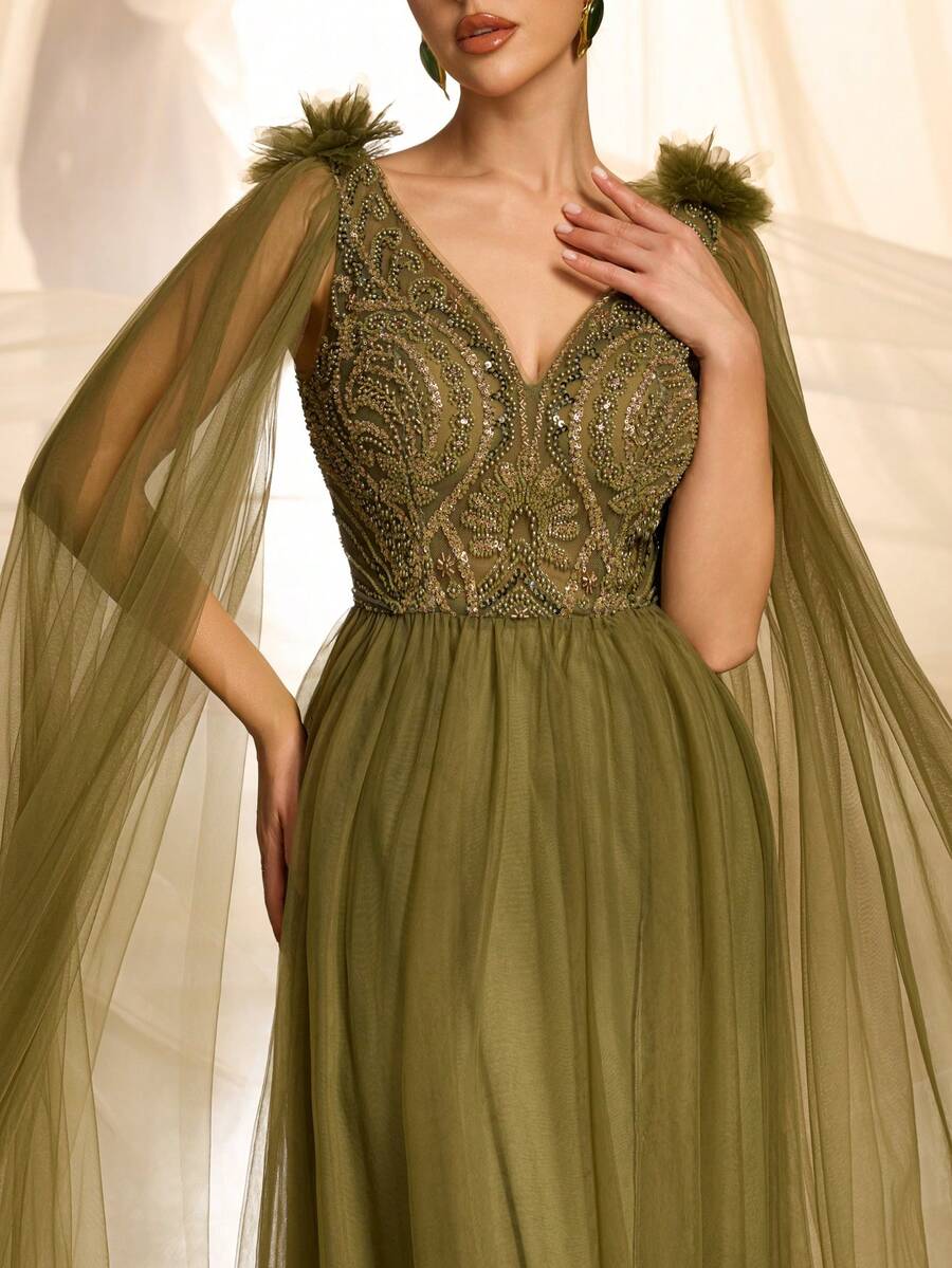 VIPGIRL Elegante y lujoso vestido de noche verde oliva con cuentas - Escote en V profundo y mangas desmontables de tul | Ideal para galas, eventos de etiqueta negra y ocasiones formales de alto nivel Fiesta de boda - Verde - Ver 1