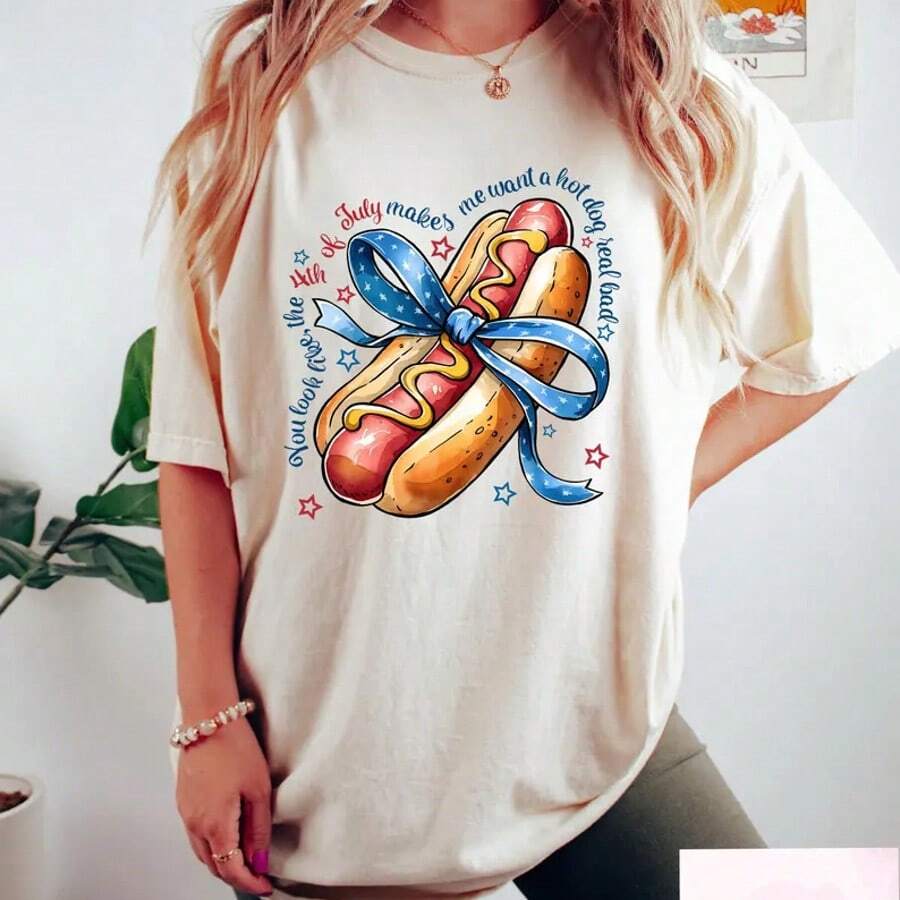 Hot Dog USA T-Shirt, Hot Dog Lover Shirt, You Look Like The 4th Of July Sweatshirt, Funny Patriotic Gift, Independence Day Crewneck - 白色 - 查看 1
