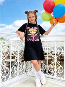Girls Cute Casual Cartoon Print Round Neck Short Sleeve A-Line Dress, Sweet Summer Dress - Black - View 1