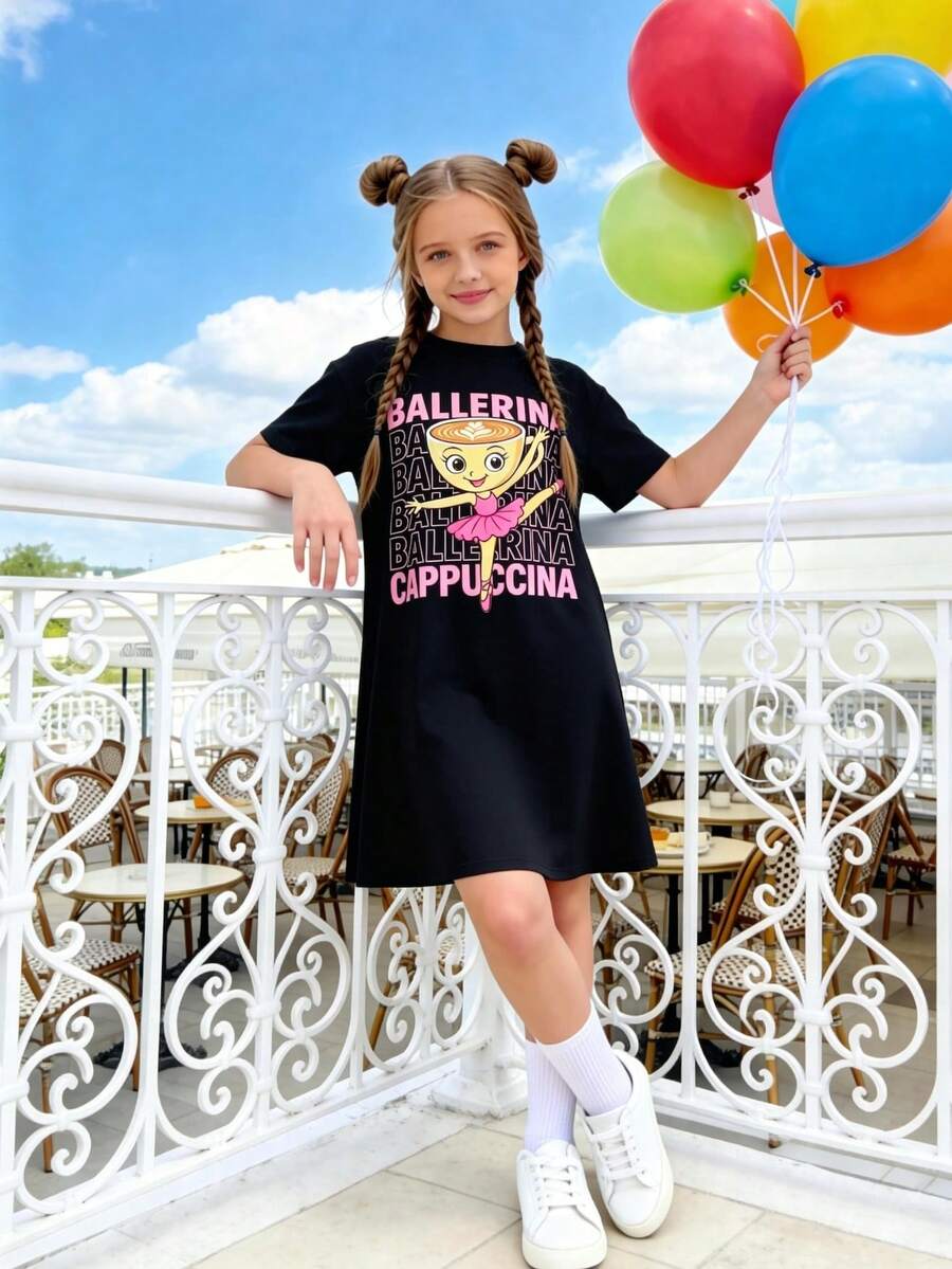 Girls Cute Casual Cartoon Print Round Neck Short Sleeve A-Line Dress, Sweet Summer Dress - Black - View 1