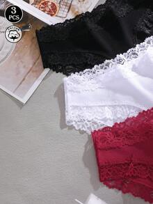 3件組純色棉質羅紋蕾絲拼接性感舒適女款三角內褲 - 彩色 - 查看 7