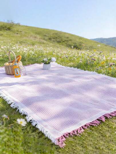 Waterproof Soft Flannel Plaid Picnic Mat For Outdoor Camping, Pink Purple Picnic Blanket, Portable Lightweight Foldable Durable Multipurpose Mat For Travel, Beach, Park Lawn, Suitable For Vacation, Summer, Spring Picnic, Hiking, Adventure