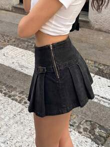 女款 Y2K 百褶牛仔裙褲 低腰 扣環設計 黑色牛仔裙 休閒風 - 黑色 - 查看 5