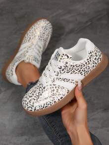 Women's Lace-Up Flat Glitter Trainers, Fashion Comfortable Stylish Versatile Casual Floral Print Polyester Casual Outdoor Spring/Autumn - Gold - View 1