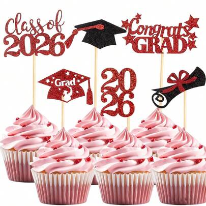 Bộ 12/24 que cắm bánh cupcake lấp lánh màu đỏ "Lớp 2026", đồ trang trí tiệc tốt nghiệp, que cắm bánh hình mũ tốt nghiệp và bằng tốt nghiệp chúc mừng năm cuối cấp và tiệc dạ hội.