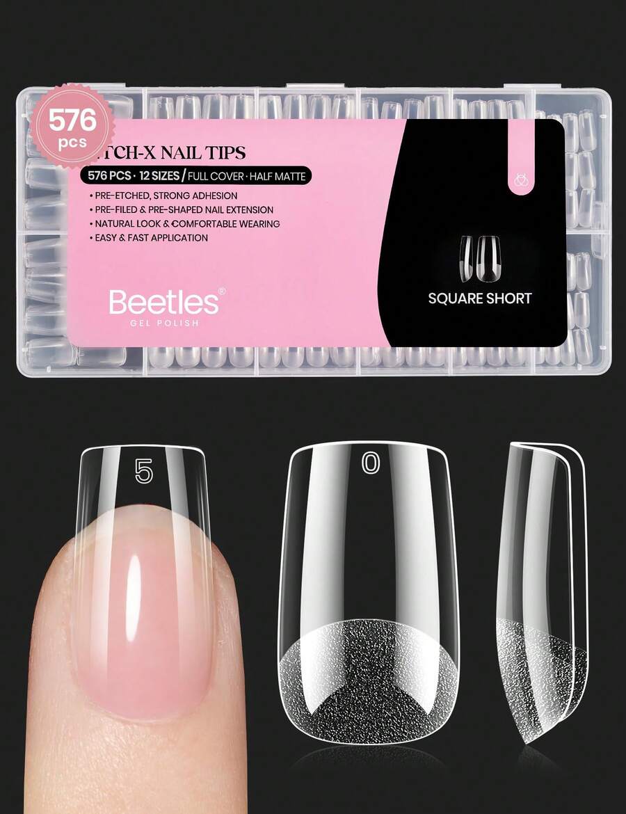 Beetles Soft Gel Nail Tips Short Almond 288pcs In 12 Sizes, Etch-X Pre-Etched Full Cover Acrylic Fake Nails Art - Square Short 576pcs (Etch X Nail Tips) - View 1
