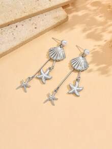 一对浪漫海洋风贝壳海星装饰流苏耳环，优雅仿珍珠耳环，迷人女士耳环，适合日常佩戴、海滩约会和度假。 - 彩色 - 查看 2