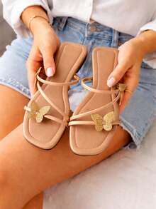 Women's Boho Flat Sandal, Comfortable Casual, With Rhinestone And Glitter Details, Luxurious, Elegant And Sophisticated, Summer Style, Available In Black, Rose, Nude, And Caramel - 裸體 - 查看 11