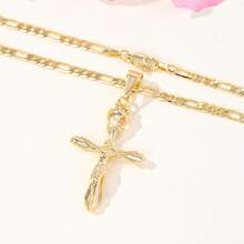 1pc Gold-Plated Crown Jesus Cross Pendant Necklace, Figaro Chain Unisex Catholic Religious Jewelry, Suitable For Church, Baptism And Confirmation - Gold - View 6