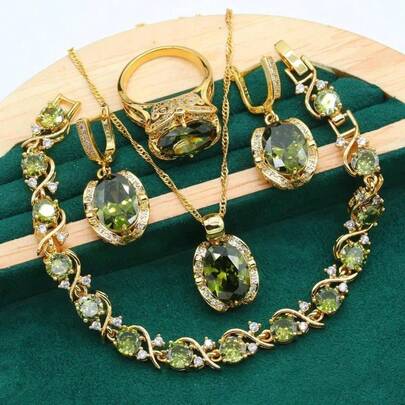 5pcs Vintage Personalized Women's Wedding Jewelry Set - Bracelet, Earrings, Ring, Necklace, Pendant, Suitable For Daily Wear, Vacation, Gift