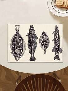 1pc Minimalist Ocean Creature Printed Linen Table Runner/Placemat, Suitable For Holidays, Parties, Birthdays, Dinners, Kitchen & Dining Table Decor, Shoe Cabinet Cover, All Season Room Decor & Home Textile - Multicolor - View 6