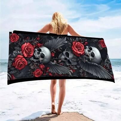 1pc Vintage Gothic Skull Rose Print Beach Towel, Quick-Dry & Anti-Sand | Lightweight, Machine Washable | Suitable For Travel, Yoga, Sports, Camping | Perfect Valentine's Day Or Birthday Gift, Large Summer Travel Sand-Proof Absorbent Beach Blanket